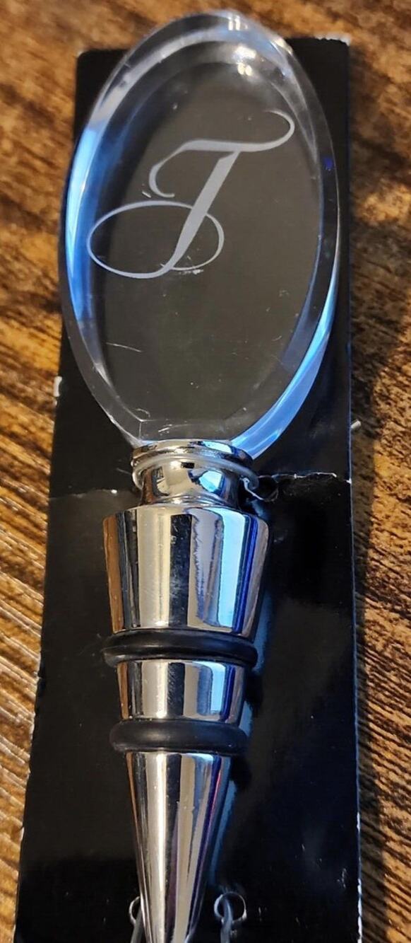 Hallmark Glass & Chrome Wine/Tequila Bottle Topper - Initial Letter "T"